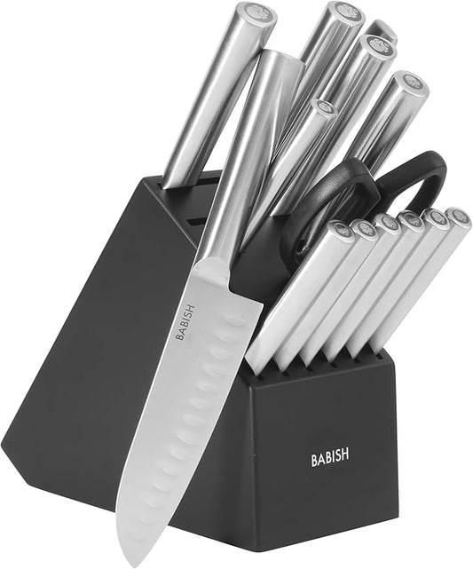 Babish High-Carbon 1.4116 German Steel 15 Piece Full Tang Forged Cutlery Kitchen Knife Block Set - Stainless Steel