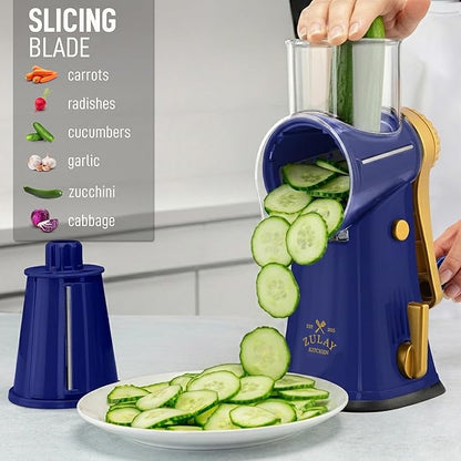 Zulay Kitchen Rotary Cheese Grater 5 Blade Cheese Shredder - Manual Hand Crank Cheese Grater With Reinforced Suction & 5 Interchangeable Drums - Easy to Use, Vegetable Chopper Round Mandoline Slicer - Image 5