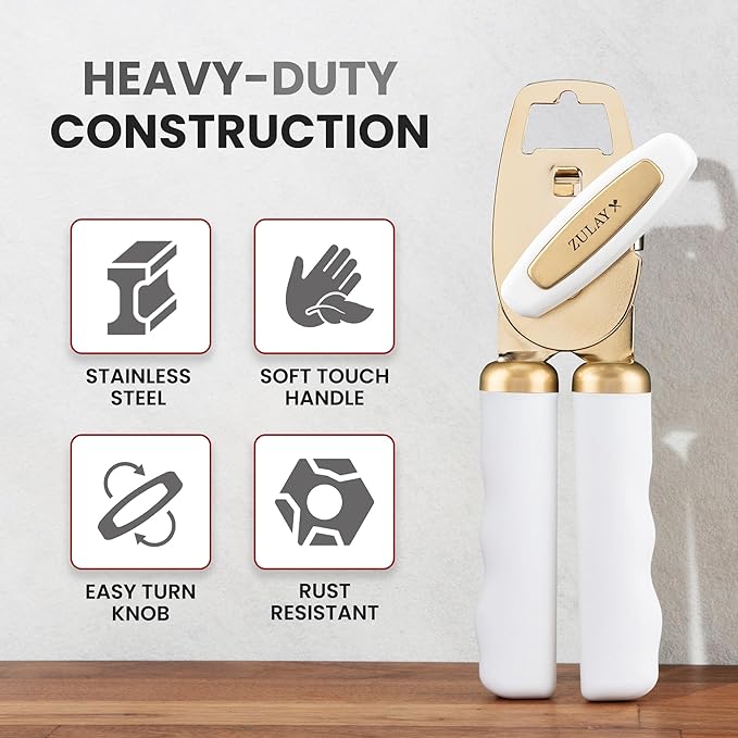Zulay Kitchen Heavy Duty Stainless Steel Can Opener Manual with Bottle Opener - Rust Proof Manual Can Opener With Turn Knob & Comfy Soft Grip Handles - White & Gold - Image 3