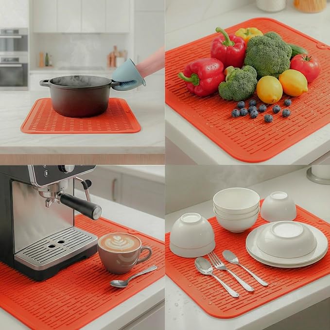 MicoYang Silicone Dish Drying Mat for Multiple Usage,Easy clean,Eco-friendly,Heat-resistant Silicone Mat for Kitchen Counter or Sink,Refrigerator or Drawer Liner Orange XL 18 inches x 16 inches - Image 4