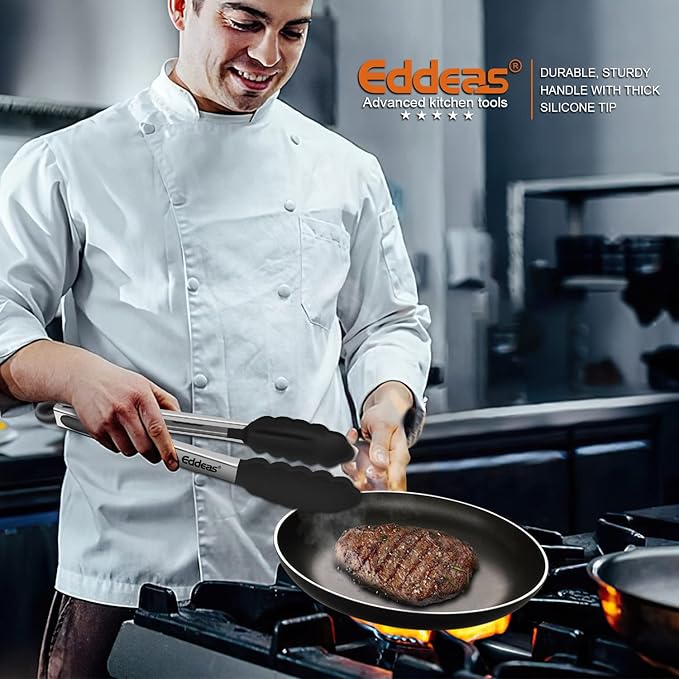 Eddeas Kitchen Tongs with Silicone Tips, Tongs for Cooking Heat Resistant 600 Degrees Stainless Steel Locking Tong - 7" 9" & 12 inch Silicone Tong Non-Stick, Black Set of 3 - Image 5