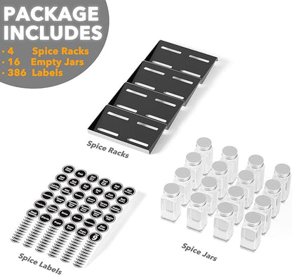 SpaceAid Spice Drawer Organizer with 16 Spice Jars, 386 Spice Labels, 4 Tier Seasoning Rack Tray Insert for Kitchen Drawers, 7.5" Wide x 17.5" Deep - Image 5
