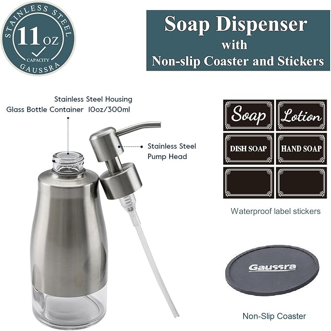 Gaussra Soap Dispenser with Coaster and Stickers, Brushed Nickel Stainless Steel Case Glass Liner Hand Pump Dispenser, Refillable Liquid Hand Soap Dispenser for Bathroom & Kitchen (11OZ / 320ML) - Image 3