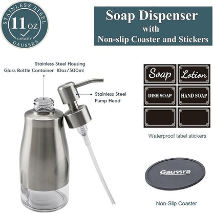 Gaussra Soap Dispenser with Coaster and Stickers, Brushed Nickel Stainless Steel Case Glass Liner Hand Pump Dispenser, Refillable Liquid Hand Soap Dispenser for Bathroom & Kitchen (11OZ / 320ML) - Image 3