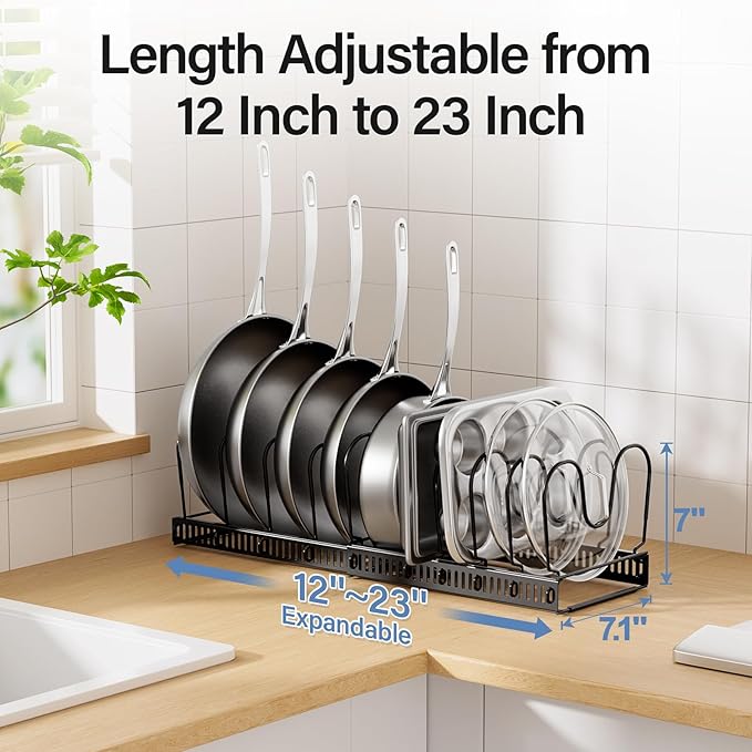 ORDORA Pots and Pans Organizer under Cabinet with Pot Lid Organizer, Expandable Rack for Pan and Pot Organizers Inside Cabinet, 12"-23" Adjustable with 10 Dividers for Kitchen Organization, Black - Image 3