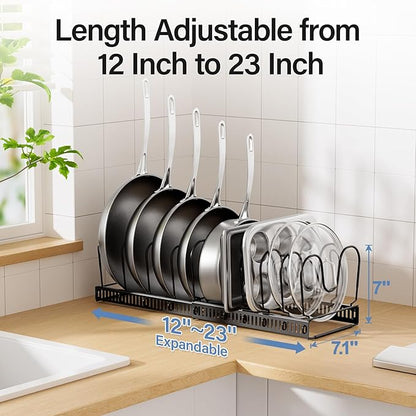 ORDORA Pots and Pans Organizer under Cabinet with Pot Lid Organizer, Expandable Rack for Pan and Pot Organizers Inside Cabinet, 12"-23" Adjustable with 10 Dividers for Kitchen Organization, Black - Image 3