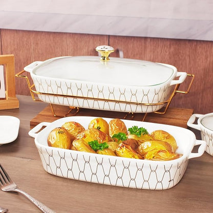 10" x 7" Ceramic Casserole Dish with Glass Lid, 1.3 QT Serving Soup Tureen,Chafing Dish for Buffet, Family Food preserve Tray, Catering Casserole for Party Style