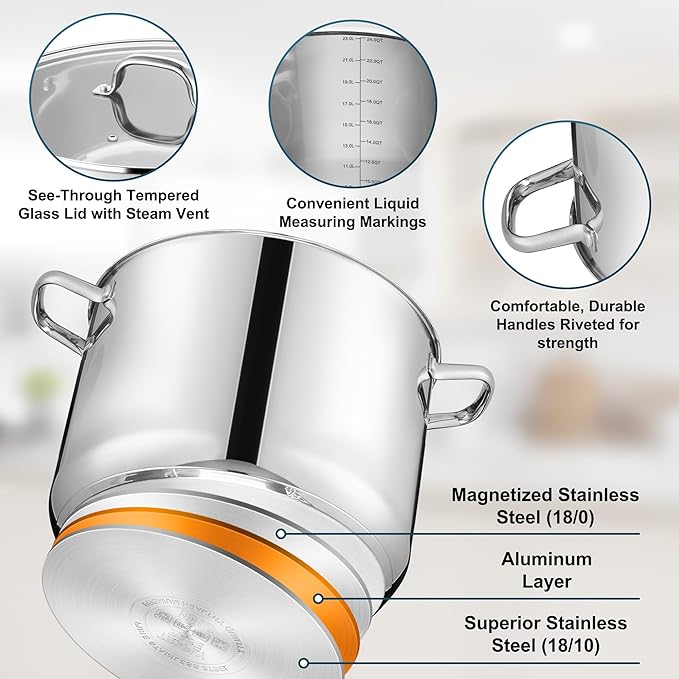 E-far 24-Quart Large Stock Pot, Stainless Steel Stockpot with Lid for Boiling Cooking Soup Stew Canning, Heavy Duty Tri-Ply Bottom Works w/Induction, Commercial Grade & Dishwasher Safe - Image 3