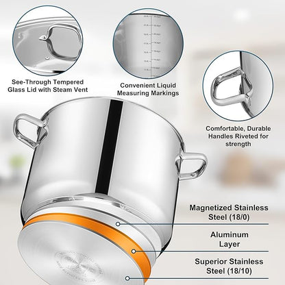 E-far 24-Quart Large Stock Pot, Stainless Steel Stockpot with Lid for Boiling Cooking Soup Stew Canning, Heavy Duty Tri-Ply Bottom Works w/Induction, Commercial Grade & Dishwasher Safe - Image 3