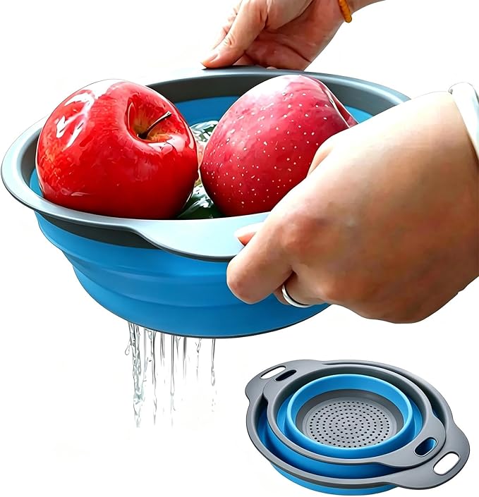 2 Pack Collapsible Silicone Colander with Handle, Over Sink Foldable Food Strainer, BPA-Free Space Saving Drain Basket for Vegetables, Fruits, Pasta, Kitchen & Camping (Blue) by WHZHAOCAI
