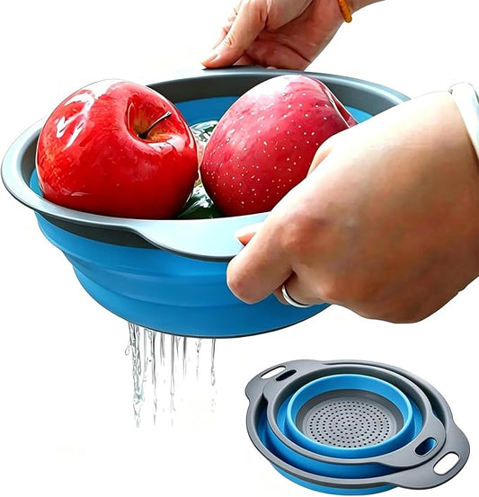 2 Pack Collapsible Silicone Colander with Handle, Over Sink Foldable Food Strainer, BPA-Free Space Saving Drain Basket for Vegetables, Fruits, Pasta, Kitchen & Camping (Blue) by WHZHAOCAI