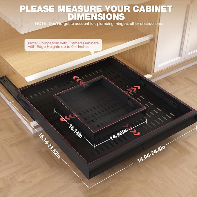 Seinloes 2 Pack Pull Out Cabinet Organizer With Raising Pad for Framed Cabinets,Expandable Width (15"-25") and Depth (17"-24"),3 Slide Rails Slide Out Drawers with Handle,No-Drill Roll Out Shelf,Black - Image 5