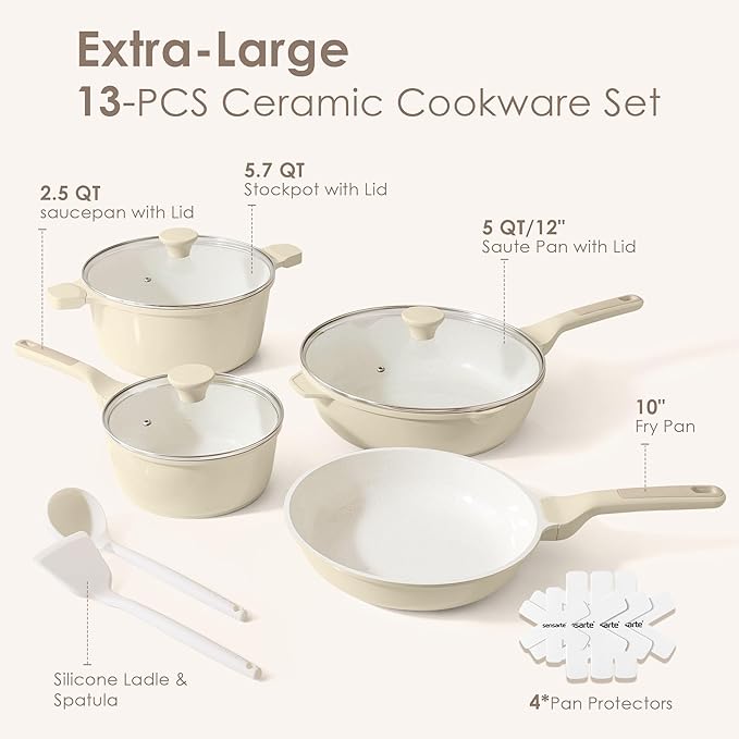 SENSARTE Nonstick Ceramic Cookware Set Large-Size 13-Piece, Healthy Pots and Pans Set, Non-toxic Kitchen Cooking Set with Stay-Cool Handles, PFAS and PFOA Free, Cream White - Image 2