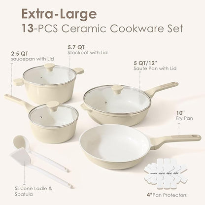 SENSARTE Nonstick Ceramic Cookware Set Large-Size 13-Piece, Healthy Pots and Pans Set, Non-toxic Kitchen Cooking Set with Stay-Cool Handles, PFAS and PFOA Free, Cream White - Image 2