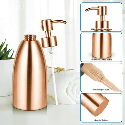 304 Stainless Steel Soap Dispenser 16oz Rust-Proof Liquid Soap Pump Bottle for Kitchen or Bathroom Countertop Hand Dish Lotion Leak-Proof (Rose Gold)