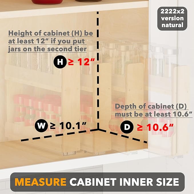SpaceAid Bamboo Pull Out Spice Rack Organizer for Cabinet, Heavy Duty Slide Out Seasoning Kitchen Pantry Sliding Vertical Organization, 10.1" Wide, 4 Drawers(2" Wide), 2-Tier, Natural - Image 4