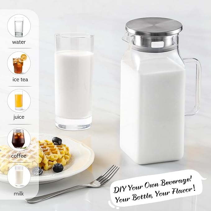 40 oz,1.2Liter Square Glass Pitcher with Lid and Spout, Breast Milk Pitcher with Handle for Fridge, Borosilicate Glass Carafe for Hot/Cold Drink, Small Jug for Iced Tea, Coffee,Water Storage Container - Image 2