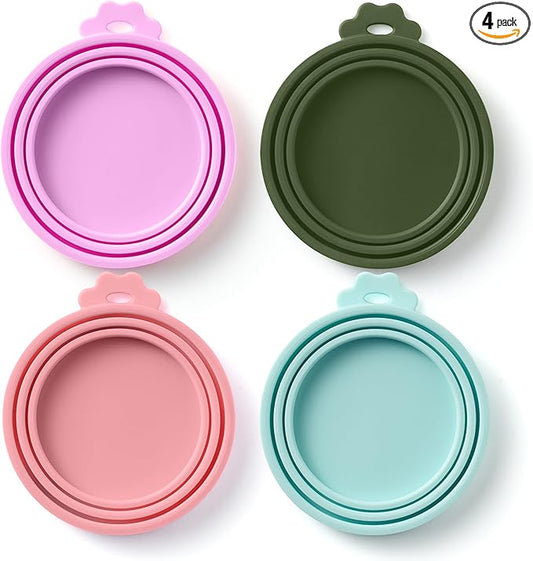 4 Pack Universal Pet Food Can Covers Lids - One fit 3 Standard Size Cans for Cats and Dogs Food Cans - Easy to Clean - Safe Silicone - Petal Meadow