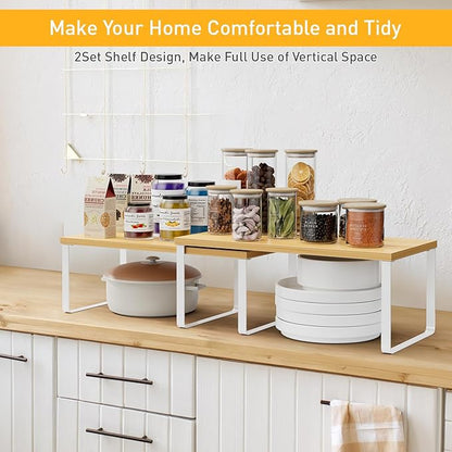 OGEMXU Cabinet Shelf Organizers, 15.7 inches Large Kitchen Counter Shelf, Set of 2 Wood Kitchen Pantry Organizer, Storage Shelves for Countertop, Spice Rack, Stackable, Expandable, Metal White, Nature - Image 3