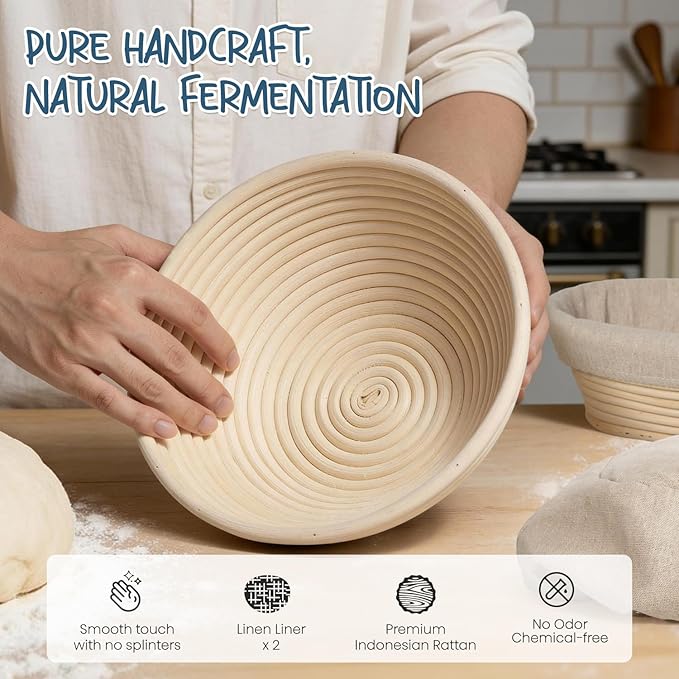 RORECAY Bread Banneton Proofing Basket Set, 9 Inch Round & 10 Inch Oval Cane Sourdough Baskets with Dough Whisk Lame Dough Scraper Bowl Scraper Silicone Brush Sourdough Bread Baking Supplies - Image 2