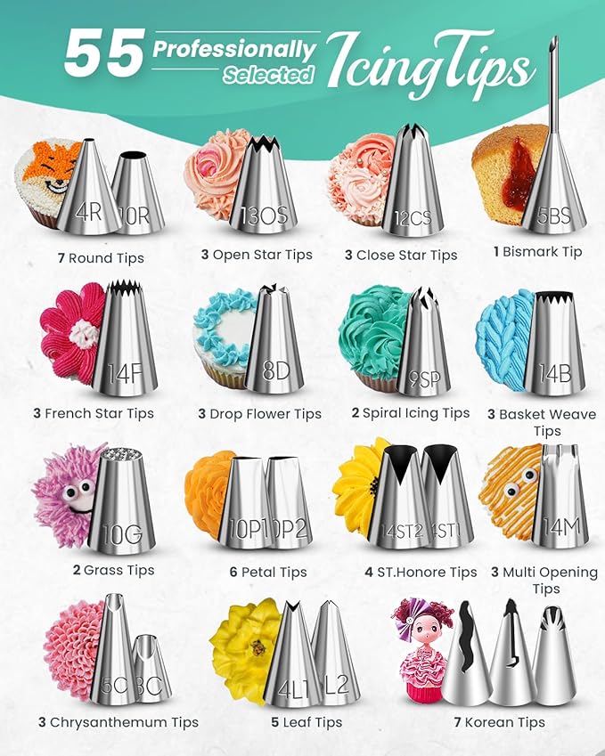 RFAQK 200PCs Cake Decorating Kit with Cake Turntable & Leveler, Baking Supplies Gift Includes 110+1 Piping Bags,55 Icing Tips,2 Frosting Spatulas, Adjustable Scraper, Video Tutorial, Booklet & more - Image 4