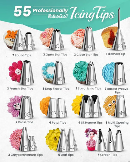 RFAQK 200PCs Cake Decorating Kit with Cake Turntable & Leveler, Baking Supplies Gift Includes 110+1 Piping Bags,55 Icing Tips,2 Frosting Spatulas, Adjustable Scraper, Video Tutorial, Booklet & more - Image 4