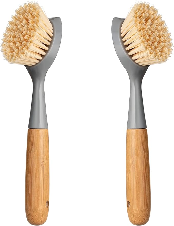 2 Pack Kitchen Dish Brush Bamboo Handle Dish Scrubber Built-in Scraper, Scrub Brush for Pans, Pots, Kitchen Sink Cleaning, Dishwashing and Cleaning Brushes are Perfect Cleaning Tools, Color-Gray by Songtaste
