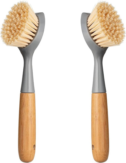 2 Pack Kitchen Dish Brush Bamboo Handle Dish Scrubber Built-in Scraper, Scrub Brush for Pans, Pots, Kitchen Sink Cleaning, Dishwashing and Cleaning Brushes are Perfect Cleaning Tools, Color-Gray by Songtaste