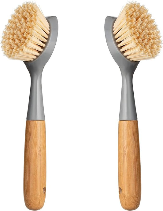 2 Pack Kitchen Dish Brush Bamboo Handle Dish Scrubber Built-in Scraper, Scrub Brush for Pans, Pots, Kitchen Sink Cleaning, Dishwashing and Cleaning Brushes are Perfect Cleaning Tools, Color-Gray by Songtaste