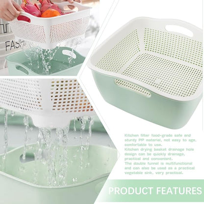 Double-layer Draining Basket Plastic Fruits & Vegetable Wash & Drain Basket, Multi-layer Stackable for Kitchen (Green)