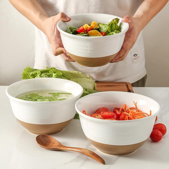 HASENSE Large Ceramic Soup Bowls Set of 4, 40 Oz 7 Inch White & Terracotta Stoneware Mixing Bowls, Farmhouse Bowls for Cereal, Salad, Pasta & Ramen, Dishwasher & Microwave Safe - Image 7