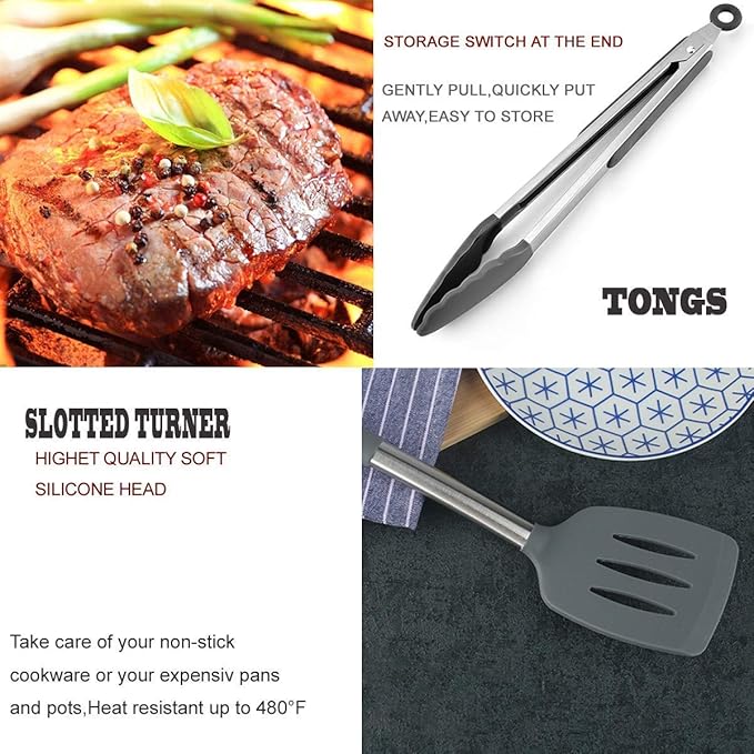 Silicone Kitchen Cooking Utensils Set with Stainless Steel Handle, Spatula Set Utensil Set, Cooking Utensil Set,Kitchen Tools Gadgets for Nonstick Cookware (11, Gray) - Image 3