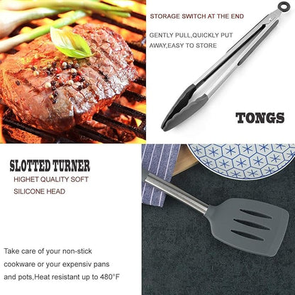 Silicone Kitchen Cooking Utensils Set with Stainless Steel Handle, Spatula Set Utensil Set, Cooking Utensil Set,Kitchen Tools Gadgets for Nonstick Cookware (11, Gray) - Image 3