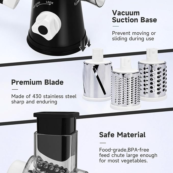 Rotary Cheese Grater with Handle, Kitchen Mandoline Vegetable Slicer with 3 Interchangeable Blades & Strong Suction Base, Easy to Clean Grater for Vegetables, Fruit, Nuts, Black - Image 5