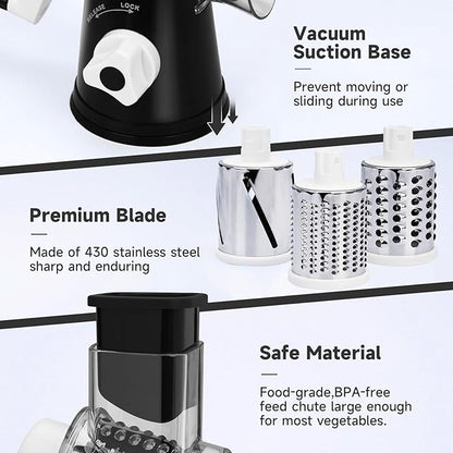 Rotary Cheese Grater with Handle, Kitchen Mandoline Vegetable Slicer with 3 Interchangeable Blades & Strong Suction Base, Easy to Clean Grater for Vegetables, Fruit, Nuts, Black - Image 5