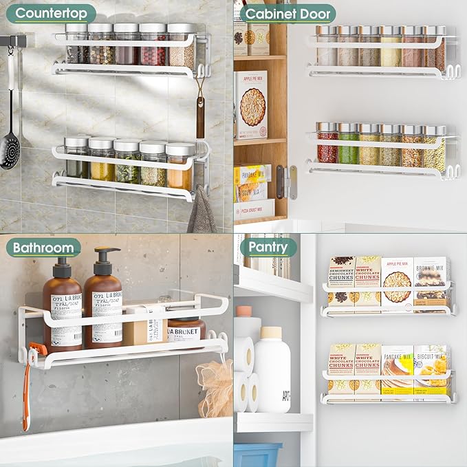 LUCYCAZ 2 Pack Wall Mounted Spice Rack with 8 Hooks, Spice Organizer Shelf for Stove Cabinet Pantry Door,Screw or Adhesive Spice Shelf Hanging Wall Spice Rack in Kitchen and RV (White, 2 PACK) - Image 8