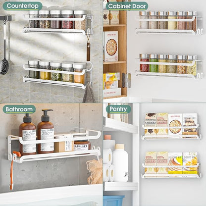 LUCYCAZ 4 Pack Wall Mounted Spice Rack with 16 Hooks, Spice Organizer Shelf for Stove Cabinet Pantry Door,Screw or Adhesive Spice Shelf Hanging Wall Spice Rack in Kitchen and RV (White, 4 PACK) - Image 8