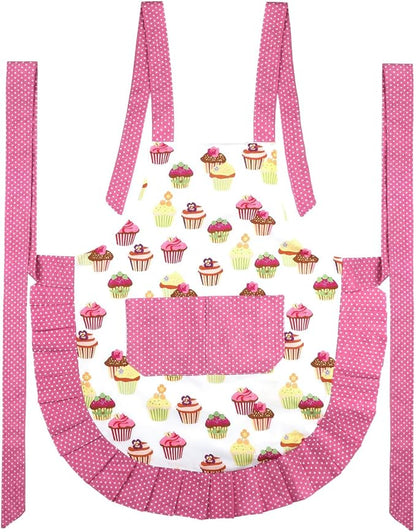 G2PLUS Kid Cotton Aprons, Toddler Apron with Pocket, Pink Cupcake Child Apron for Girls, Cooking, Baking, Kitchen, Art Craft Use