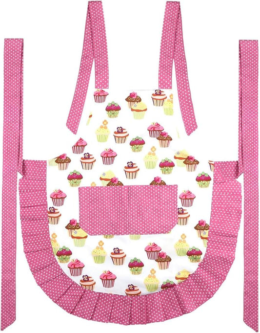 G2PLUS Kid Cotton Aprons, Toddler Apron with Pocket, Pink Cupcake Child Apron for Girls, Cooking, Baking, Kitchen, Art Craft Use