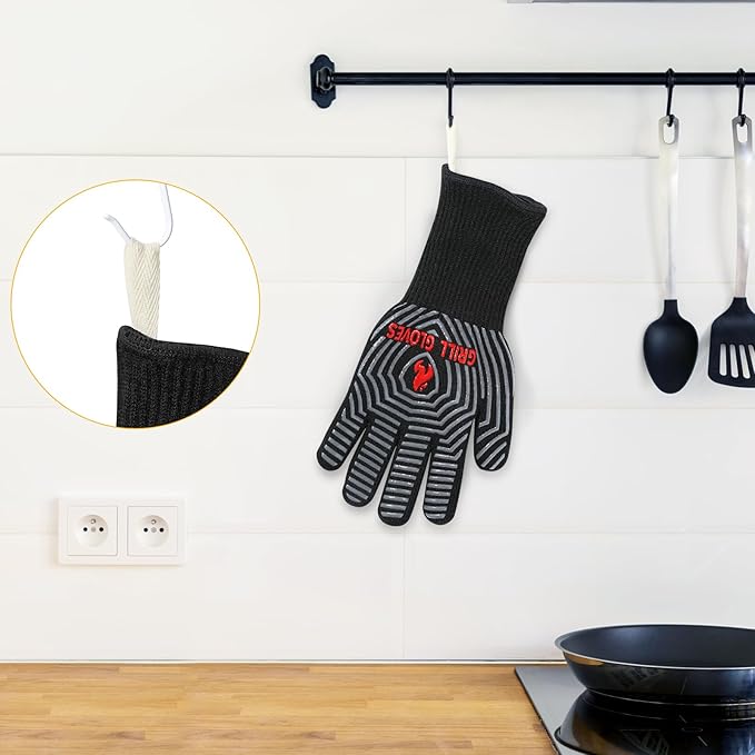 QUWIN BBQ Gloves, Oven Gloves 1472℉ Extreme Heat Resistant, Grilling Gloves Silicone Non-Slip Oven Mitts, Kitchen Gloves for BBQ, Grilling, Cooking, Baking-1 Pair… (Black, One Size(Long Cuff)) - Image 4