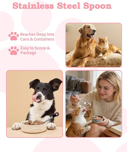 6 PCS Cat Food Can Covers Set, Reusable Silicone Can Lids with Opener, Stainless Steel Wet Food Spoon & Cat Treat Squeezer for Pet Feeding and Storage, Fits Cats & Dogs (Black Pink)