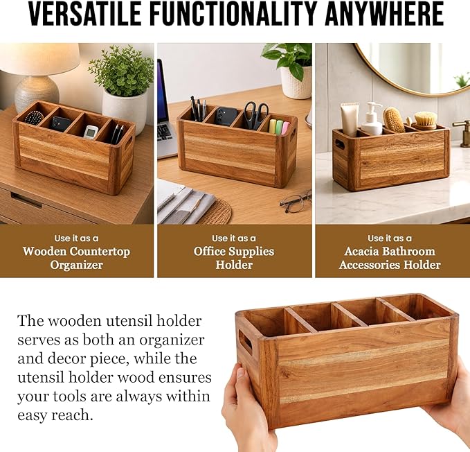 Wooden Caddy Utensil Holder - Premium Acacia Wood Utensil Caddy with Sturdy Design for Easy Organization - Perfect Kitchen Utensil Organizer for Counters, Dining Tables, and Everyday Use