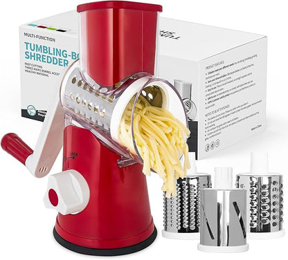 X Home Rotary Cheese Grater for Kitchen, Shredder with 3 Interchangeable Blades, Rotary Grater with Handle and Strong Suction Base, for Vegetables, Fruit, Nuts, Easy to Use and Clean, Red by XHome