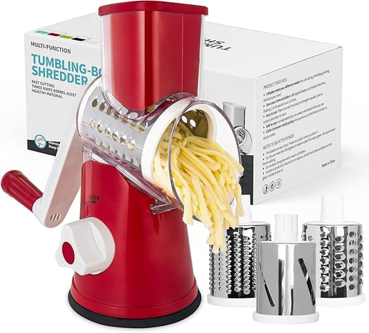 X Home Rotary Cheese Grater for Kitchen, Shredder with 3 Interchangeable Blades, Rotary Grater with Handle and Strong Suction Base, for Vegetables, Fruit, Nuts, Easy to Use and Clean, Red by XHome