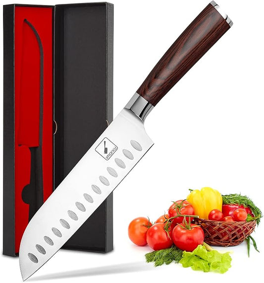 imarku Santoku Knife 7 inch Kitchen Knife Ultra Sharp Asian Knife Japanese Chef Knife, German HC Stainless Steel, Ergonomic Pakkawood Handle, Christmas Gifts for Women/Men, Red