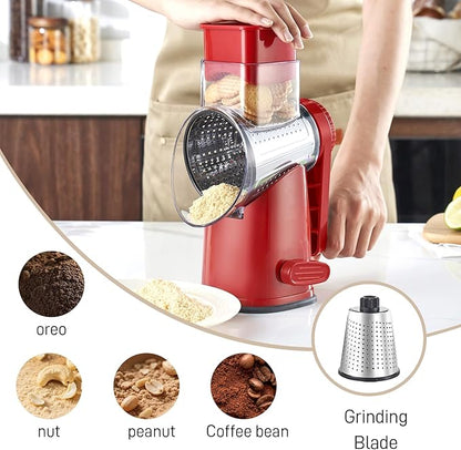 Weltonhm Rotary Cheese Grater with 3 Blades, Large Hand Crank Cheese Grater with Waffle Slicer, Black and White Cheese Slicer with Suction Base, Easier for Shredding& Grating (red, 3 Graters)