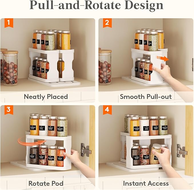 Lifewit Sliding Spice Rack for Cabinets, 6.4"H x 11.1"D x 6.1"W Slide Out Swive Cupboard Spice Organizer with Non-Slip Mat, Adjustable 2-Tier Shelves with Fence, Pull Out Medicine Cabinet Organization
