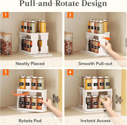 Lifewit Sliding Spice Rack for Cabinets, 6.4"H x 11.1"D x 6.1"W Slide Out Swive Cupboard Spice Organizer with Non-Slip Mat, Adjustable 2-Tier Shelves with Fence, Pull Out Medicine Cabinet Organization
