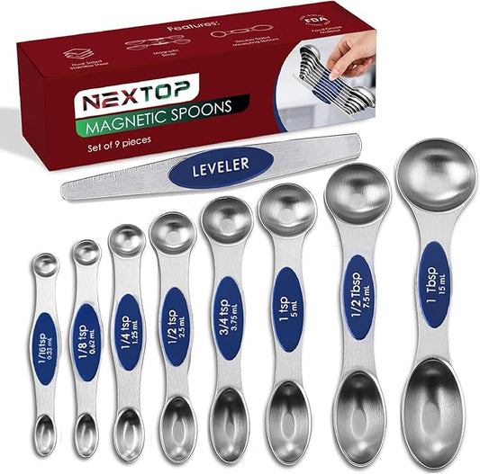 Magnetic Measuring Spoons Set of 9 Stainless Steel Dual-Sided Stackable Measuring Spoon Nesting Teaspoons Measuring Dry and Liquid Ingredients, Fits in Spice Jars Set of 9 (Sapphire) by Nextop
