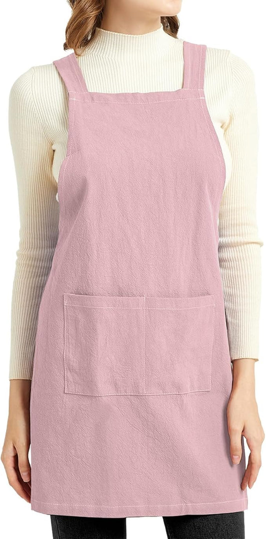 ELEZAY Aprons for Women with Pockets Plus Size Comfort Cross Back No Tie Cotton Linen Apron Pinafore